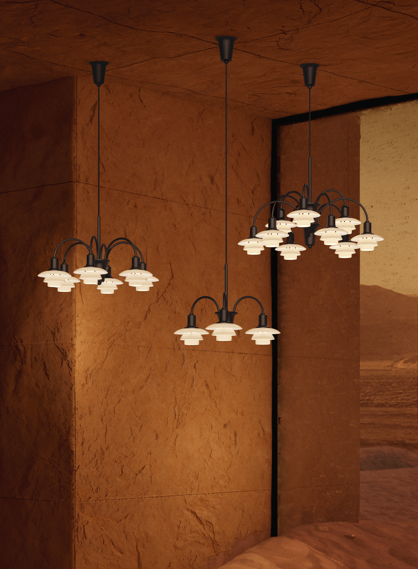 PH centenary chandelier cluster in dark finish in textured interior with window view, © 2025 Louis Poulsen.