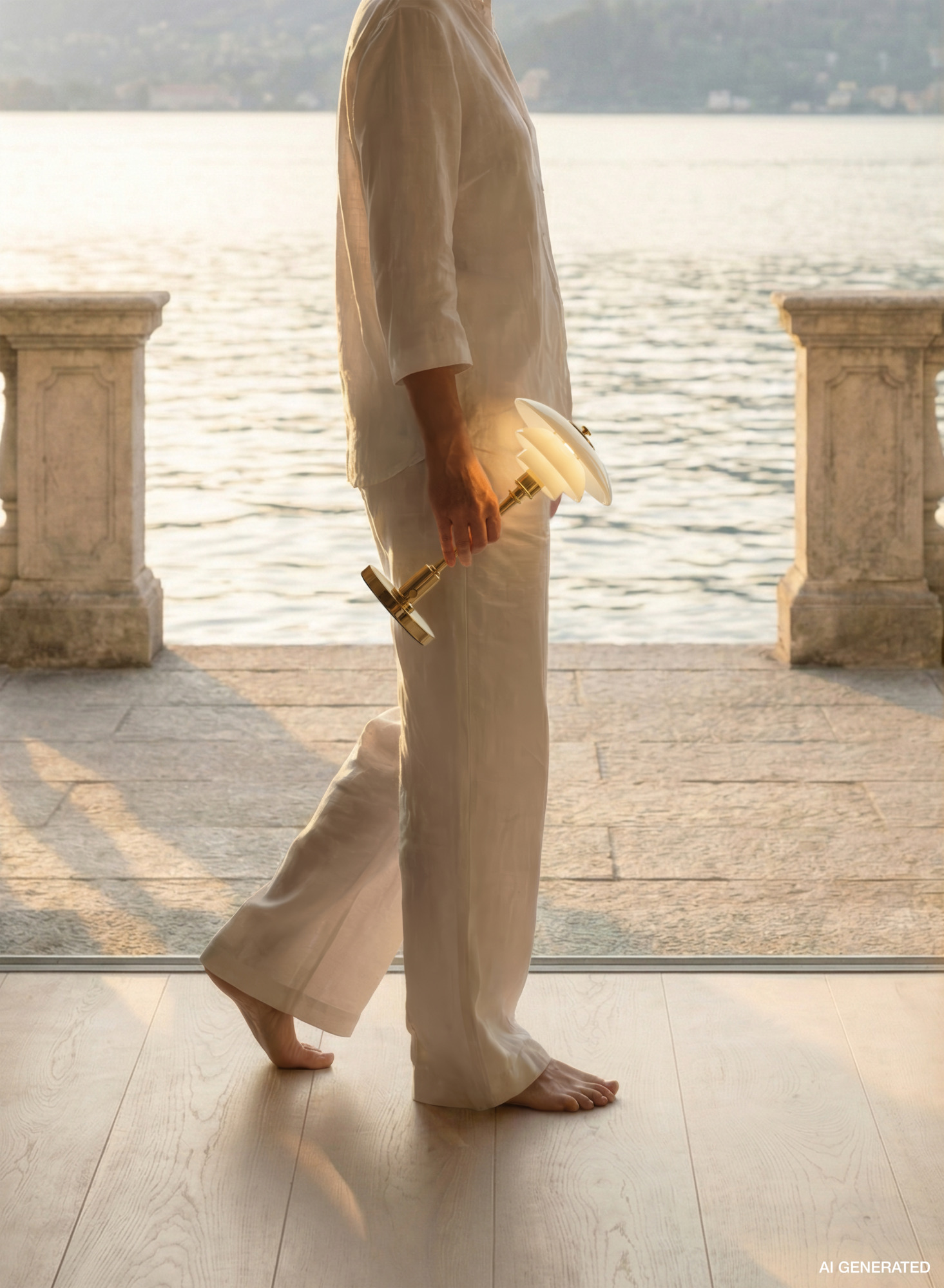 PH 1/1 Portable table lamp in brass held by a person walking indoors by a terrace with soft, glare-free light, © 2025 Louis Poulsen.