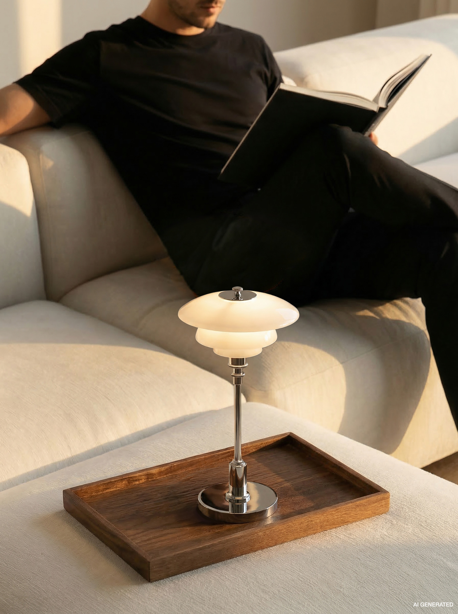 PH 1/1 Portable table lamp in chrome providing soft, glare-free light on a wooden tray beside a sofa, © 2025 Louis Poulsen.