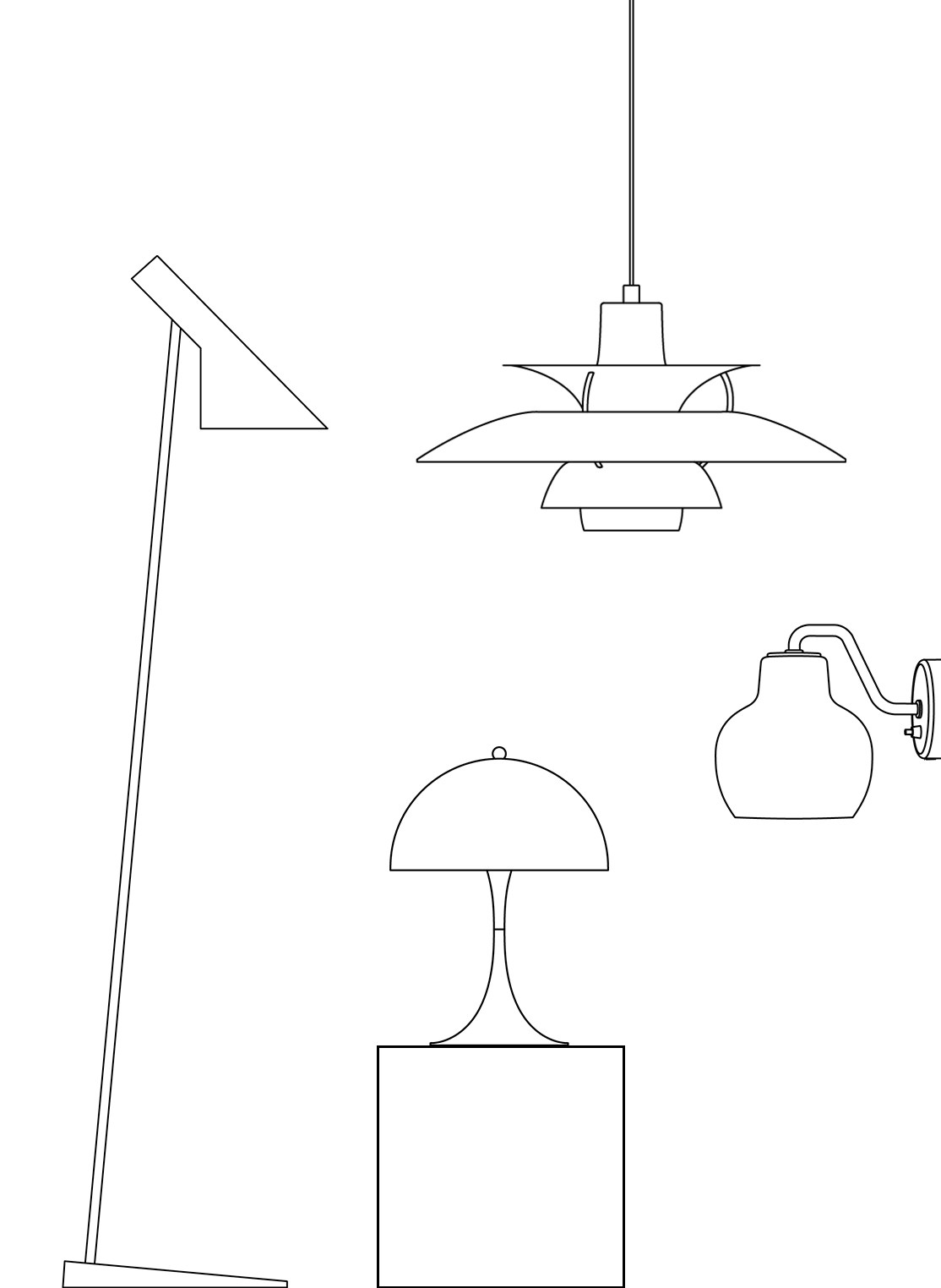 Line drawings of iconic Louis Poulsen lamps including PH 5 and Panthella, © 2025 Louis Poulsen.