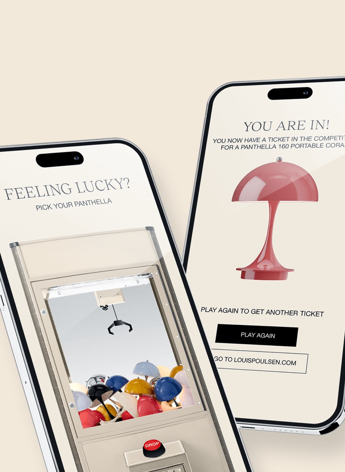 Panthella 160 lamps shown in a digital claw machine game interface, © 2025 Louis Poulsen.