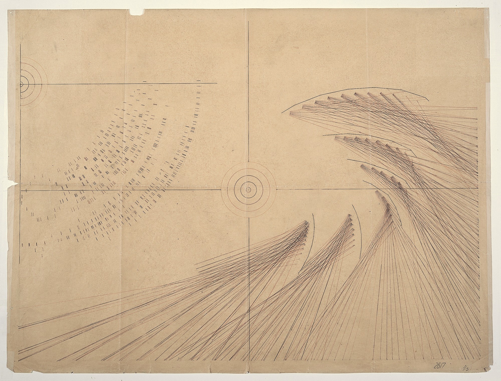 Light distribution study drawing for PH lamp design on aged paper, © 2025 Louis Poulsen.